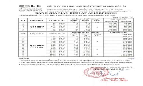 BẢNG GIÁ MÁY BIẾN ÁP LE MỚI NHẤT NĂM 2022